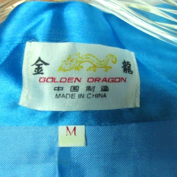 Golden Dragon Robe Sky Blue Satin Embroidered Dragon Silky Flowy Kimono Size M - Picture 9 of 11